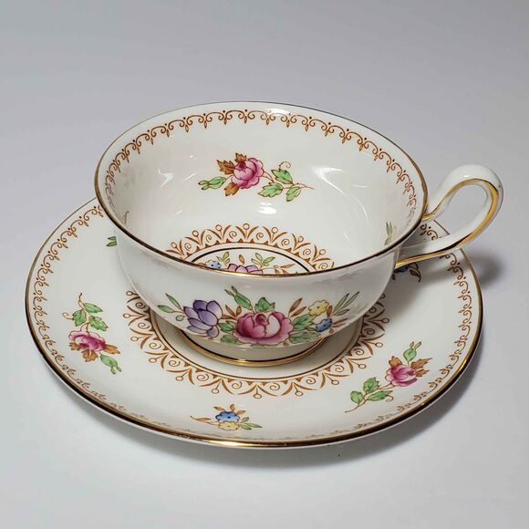 Royal Chelsea Teacup and Saucer Pink Yellow Purple Flowers Bone China Vintage - Picture 2 of 10